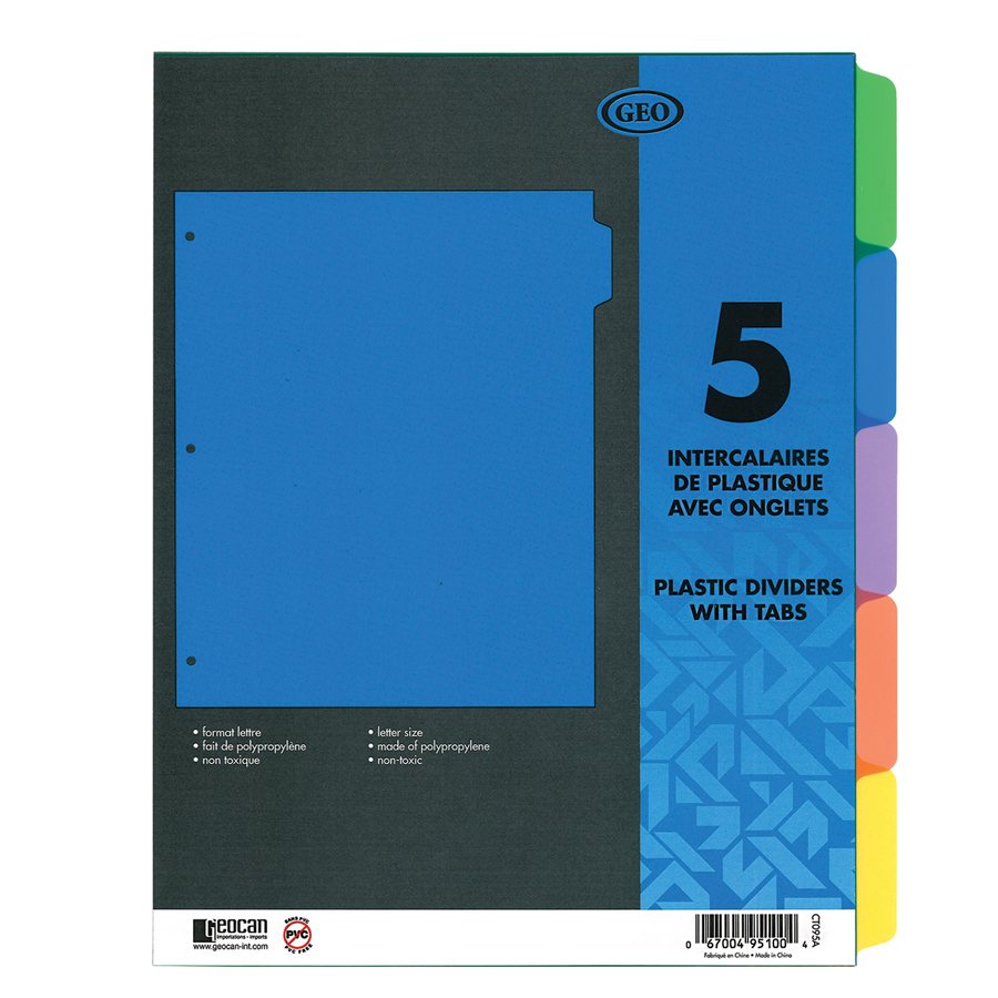 INDEX SÉPARATEUR 5 ONGLETS PLAST - RELIURES & PRESENTATION - IMPORTATIONS GEOCAN INC